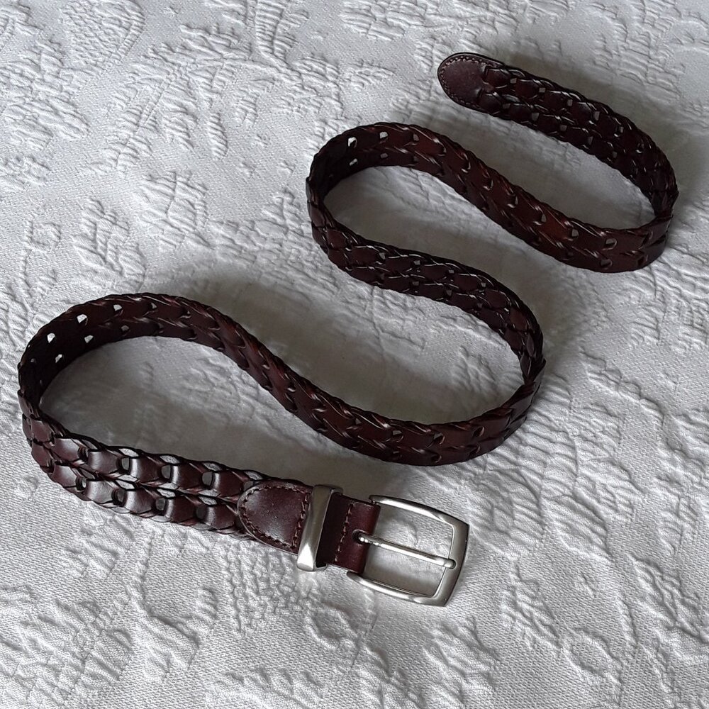 Brand New Dark Brown Leather Braided Belt w/Silvertone Buckle
